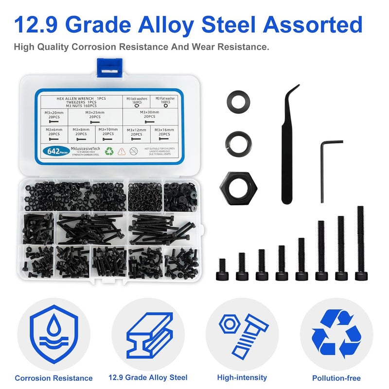 MklusiveTech 642Pcs M3 Screw Kit 12.9 Grade High Strength Carbon Steel M3 Bolts and Nuts Assortment Metric Machine Screw Assortment Black 6mm 8mm 10mm 12mm 16mm 20mm 25mm 30mm - Image 4